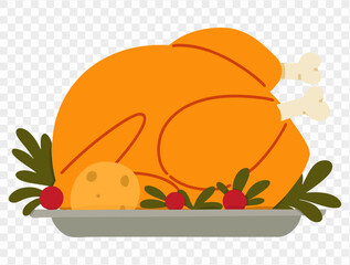 Thanksgiving roasted turkey illustration on a transparent background, featuring a simple and minimalist design with a garnish of fresh herbs, tomatoes, and an orange slice. Ideal for Thanksgiving them