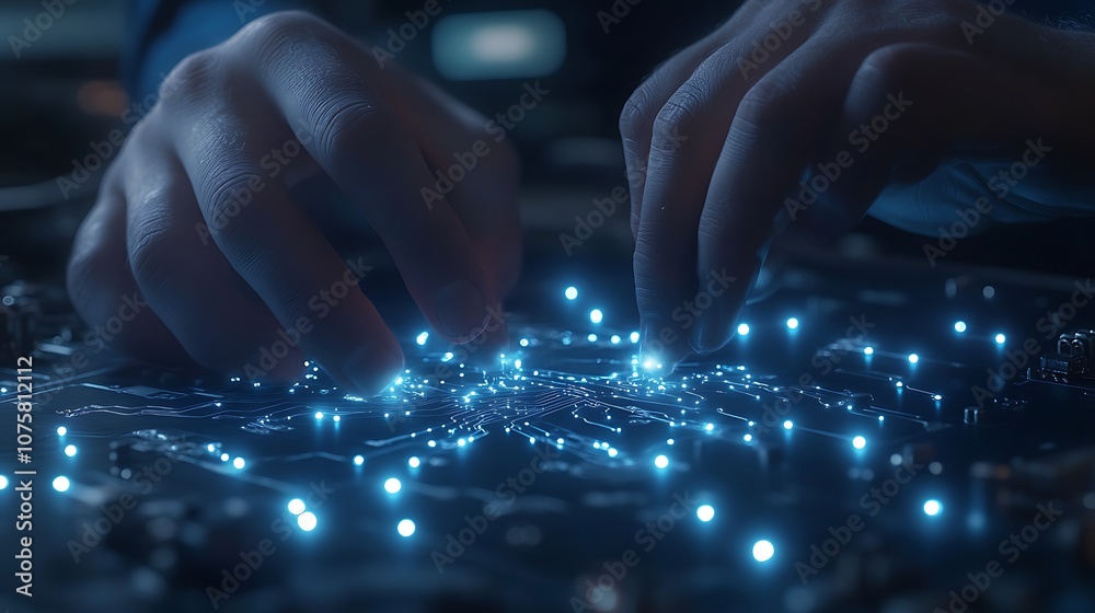 Leinwandbilder A pair of hands interact with glowing blue connections, resembling a digital network or complex data visualization in a futuristic setting.