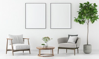 A minimalist living room with two large empty frames above a white sofa and armchair with a wooden coffee table and plants