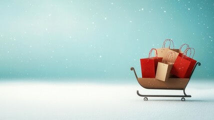 A festive sleigh filled with colorful shopping bags against a serene winter backdrop, perfect for holiday season themes.