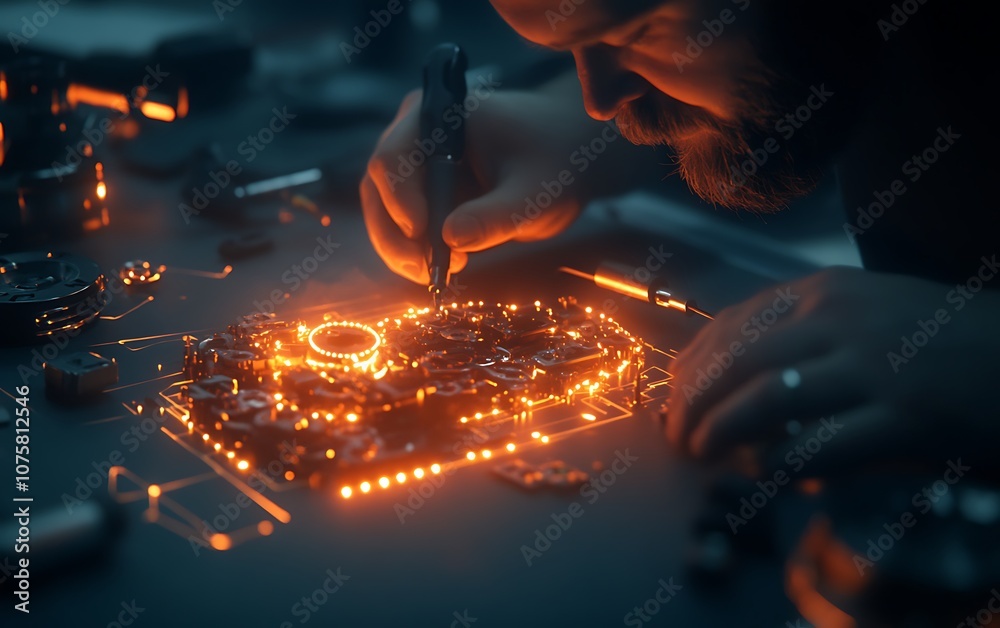 Aufkleber A focused individual uses a pen-like tool to work on a glowing circuit board, illuminated by intricate lights in a dimly lit environment.