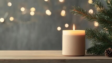 A serene candle burns gently next to a pine branch, creating a cozy and warm atmosphere amidst twinkling lights.