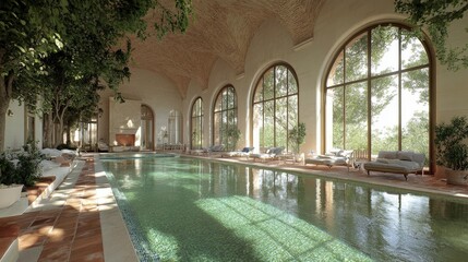 Fototapeta premium Indoor Pool with Green Water and Terracotta Tiles in Luxurious Villa