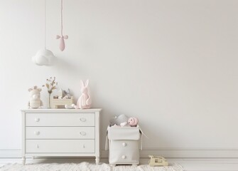 Fototapeta premium A white nursery with a crib. a small table. and a hanging light fixture. a bunny plush toy. a wooden reindeer toy and a swing hanging from the ceiling