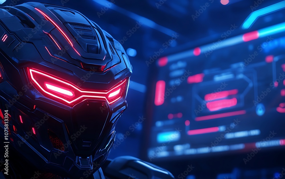 Aufkleber A futuristic robotic helmet with glowing red accents and a high-tech background displays advanced digital interfaces.