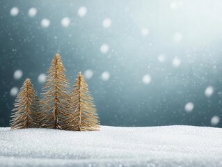 A serene winter scene featuring snowy ground and three pine trees against a softly falling snow backdrop.