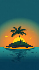 A single palm tree on a small island in the middle of the ocean with the setting sun behind it.