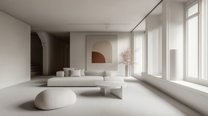 A spacious modern minimalist living room in 3D render,