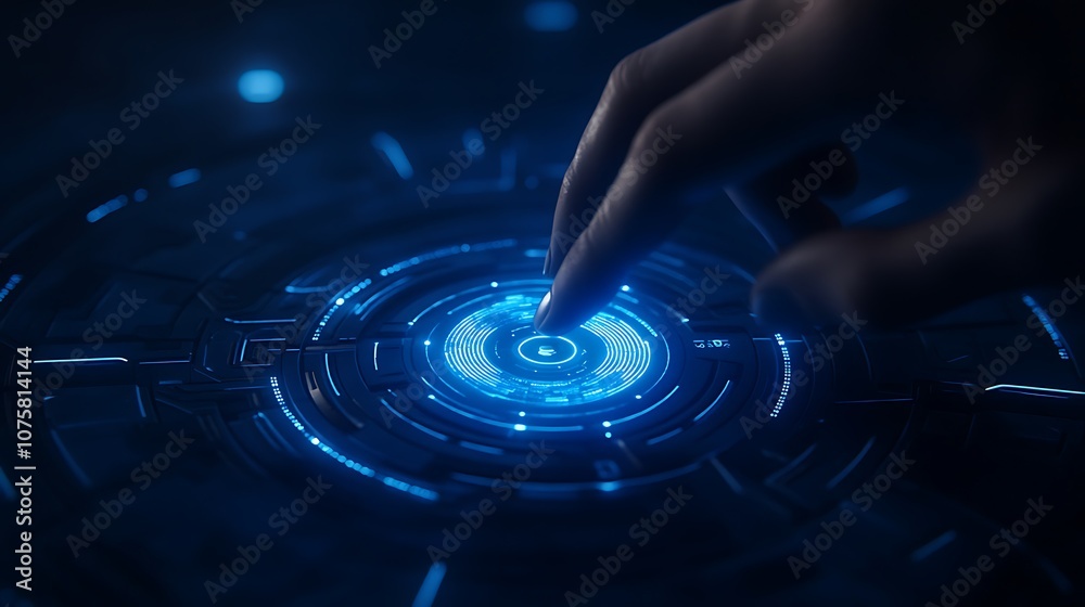 Poster a hand touches a glowing blue interface, showcasing futuristic technology and intricate patterns.