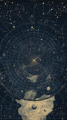 A vintage star chart with constellations and celestial bodies, featuring a detailed network of lines representing the movement of stars.