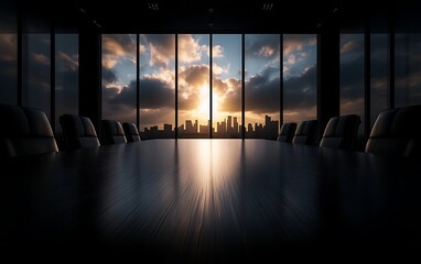 Fototapeta premium A modern boardroom with a polished table and large windows showcasing a sunset over a city skyline.
