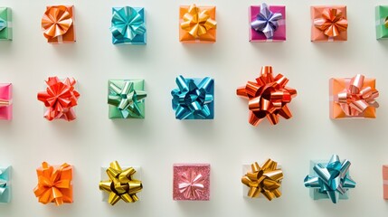 A variety of bright, festive gift boxes with metallic paper