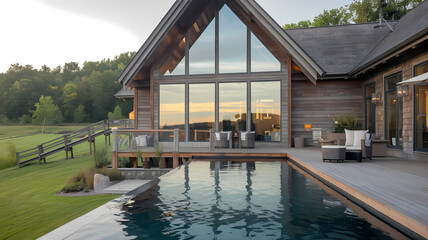 Fototapeta premium Modern wooden house exterior with large windows overlooking a tranquil pool and scenic landscape at sunset.