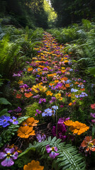 A winding path through a lush forest, carpeted in vibrant wildflowers.