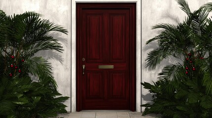 Fototapeta premium Festive Red Door with Palm Trees and Christmas Ornaments