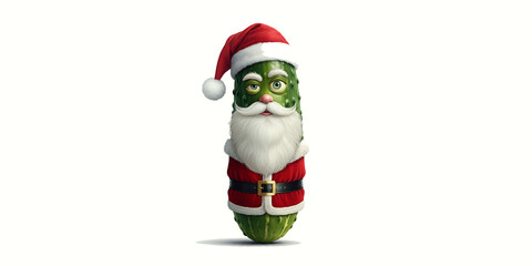 Fototapeta premium Christmas Pickle Dressed as Santa Claus, Humor, Funny Holiday Christmas Card Concept