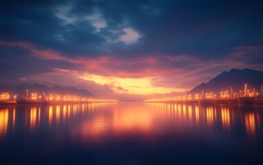 Fototapeta premium A serene sunset over a calm body of water, illuminating a harbor with reflections of warm colors in the sky and lights from the surrounding structures.