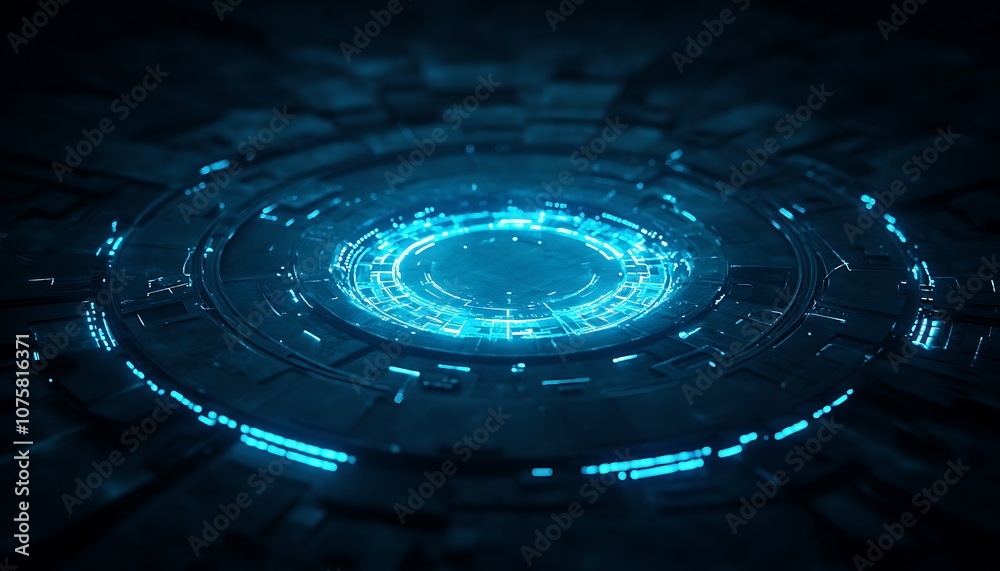 Poster a glowing blue circular design surrounded by a dark, smooth surface, suggesting a futuristic and hig