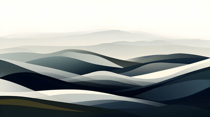 Abstract illustration of a mountain range with a hazy, foggy background in blue and white tones.