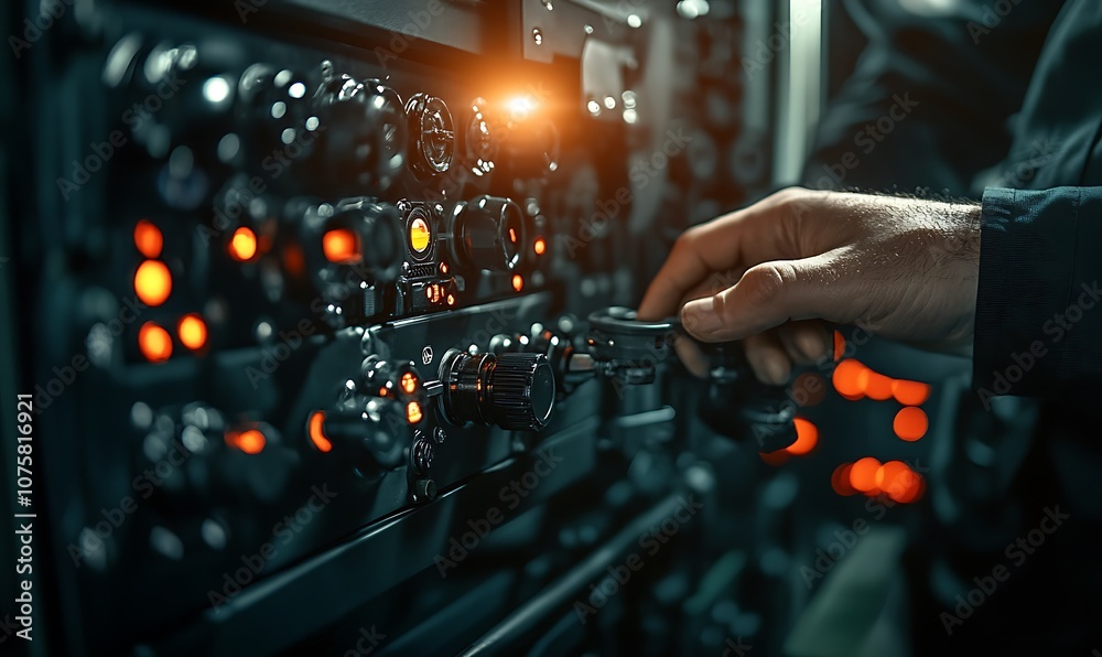 Leinwandbilder a close-up of a hand adjusting controls on a complex electronic panel filled with glowing lights and