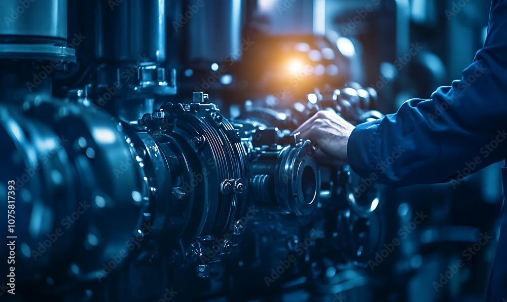 Poster a close-up of a technician adjusting machinery in a modern industrial setting, showcasing intricate 