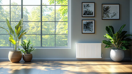 Fototapeta premium A minimalist living space bathed in natural light, ideal for interior design inspiration, home decor projects, or creating a serene atmosphere in modern homes.