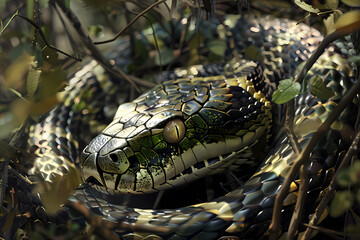 A vibrant green and black snake coiled among lush foliage, showcasing its intricate scales and captivating eyes.