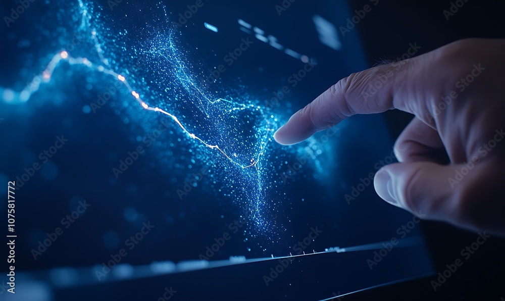 Poster A hand interacts with a digital display, highlighting a glowing, intricate pattern of light, suggesting technology or data visualization.