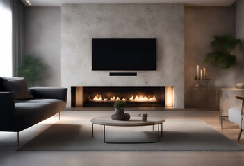 interior contemporary illustration livingroom sofa beige white design wall apartment wooden tile armchair minimal floor carpet lounge nobody style flat furniture decor vase rug cosy plant house create