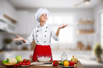 Portrait of beauty healthy woman eating and cooking food
