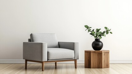 A realistic photo of a minimalist interior with a gray armchair and a wooden side table, featuring a black vase with greenery. The clean lines and neutral tones create a serene, contemporary