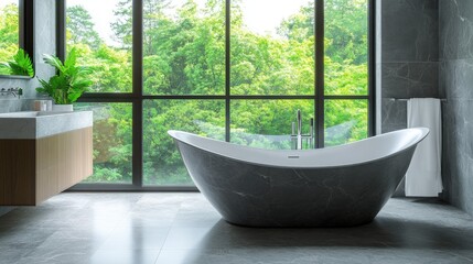Fototapeta premium A realistic photo of a beautifully designed bathroom featuring gray marble tiles and a sleek freestanding bathtub with large windows showcasing vibrant greenery outside The serene atmosphere is