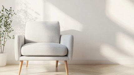 A realistic photo of a modern living room with a light gray armchair and wooden legs. The minimalist design emphasizes simplicity and elegance, perfect for a high-end lifestyle look. Captured in 32k