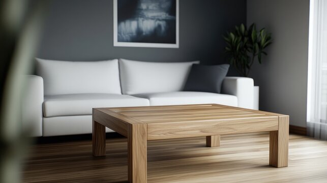 A realistic photo of a minimalist living room showcasing a wooden square coffee table near a sleek white sofa. The grey wall and art poster add sophistication to the modern design. Photographed in