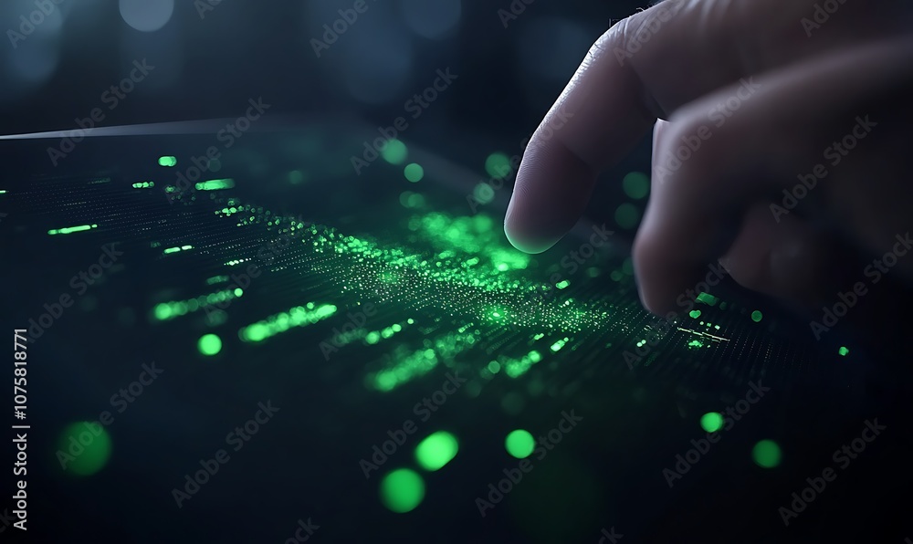 Poster A hand hovers above a digital surface, with glowing green particles creating an interactive, high-tech visual effect.