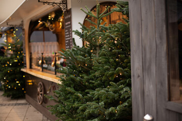 Christmas market decoration and stalls with handicrafts at the bazaar.