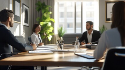 Obraz premium High-resolution photorealistic scene of a business finance meeting where an agreement is being signed. The office setting and professional decor highlight the importance of the meeting, captured with