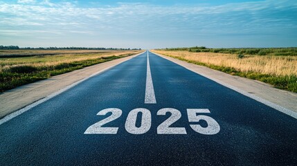 Text "2025" and arrow pointing towards the horizon written on asphalt shows a long road that stretches toward the horizon, representing optimism and growth for a successful new year in 2025. Styled