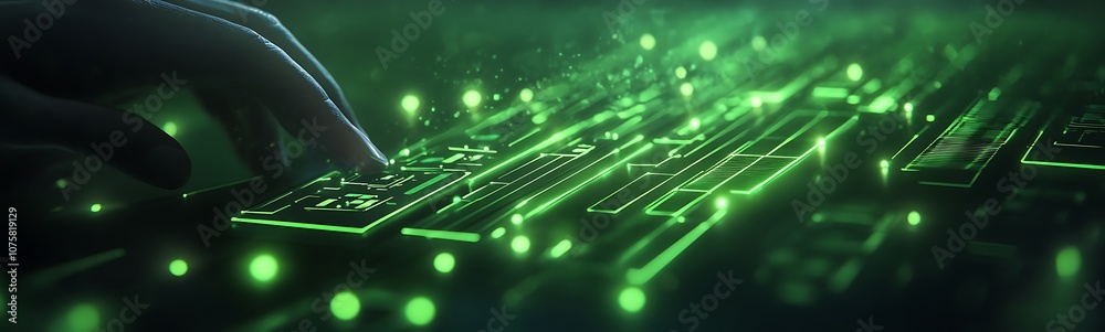 Poster A close-up view of a hand typing on a glowing green keyboard, illuminated by a network of bright lights, evoking a high-tech, digital atmosphere.