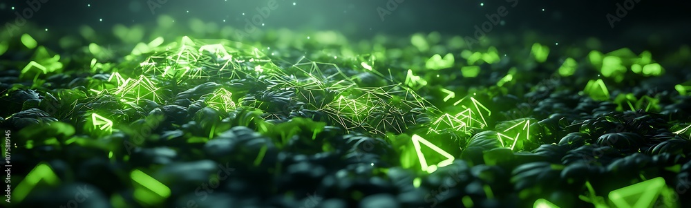 Poster a vibrant green landscape filled with sparkling gemstones, surrounded by dark stones, creating a mes