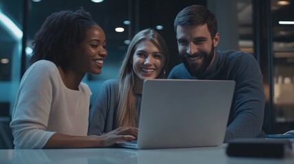 Fototapeta premium High-resolution photorealistic shot of a multiethnic team collaborating at a laptop in a sleek, modern workspace Their smiles and focus on the screen create an engaging scene, enhanced by