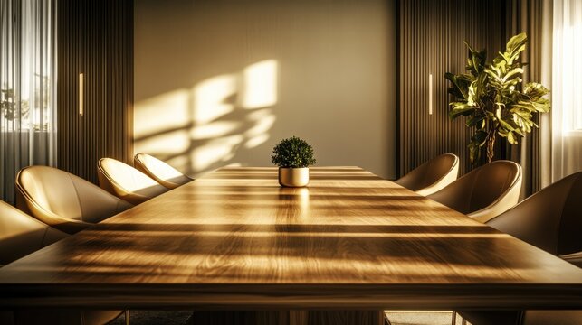 High-resolution photorealistic shot of an empty boardroom featuring a polished wooden table, sleek chairs, and minimalist decor The professional color grading enhances the luxurious feel of the