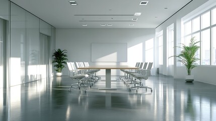 High-resolution photorealistic capture of a bright, contemporary boardroom with polished floors and a large conference table The minimalist decor and modern design create a professional atmosphere