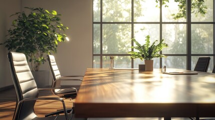 High-resolution photorealistic shot of a minimalist boardroom featuring a polished wooden table and modern ergonomic chairs The natural light from large windows enhances the sleek, professional
