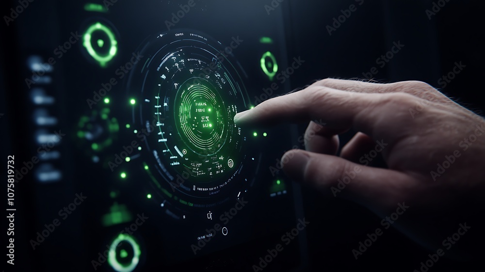 Poster A futuristic hand interacts with a glowing green digital interface, showcasing advanced technology and immersive user experience.