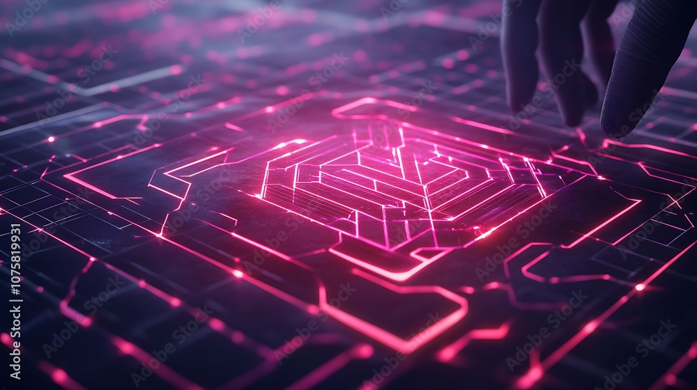 Poster a futuristic hand interacts with a glowing, neon pink circuit interface, symbolizing advanced techno