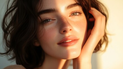 Fototapeta premium Elegant young woman with radiant skin, soft smile, empty space around, minimal background, close-up with hand on face, gentle lighting.