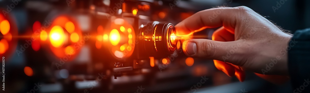 Poster a hand adjusts a control knob surrounded by glowing orange lights, illustrating interaction with tec