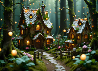 Fototapeta premium Enchanting Gingerbread Candy Village in Fantasy Forest with Fireflies and Flowers