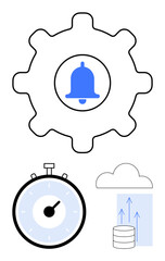 Gear with bell for notifications timer clock cloud with up arrows over database. Ideal for notifications, settings, synchronization, time management, cloud storage, data backup, productivity. Line